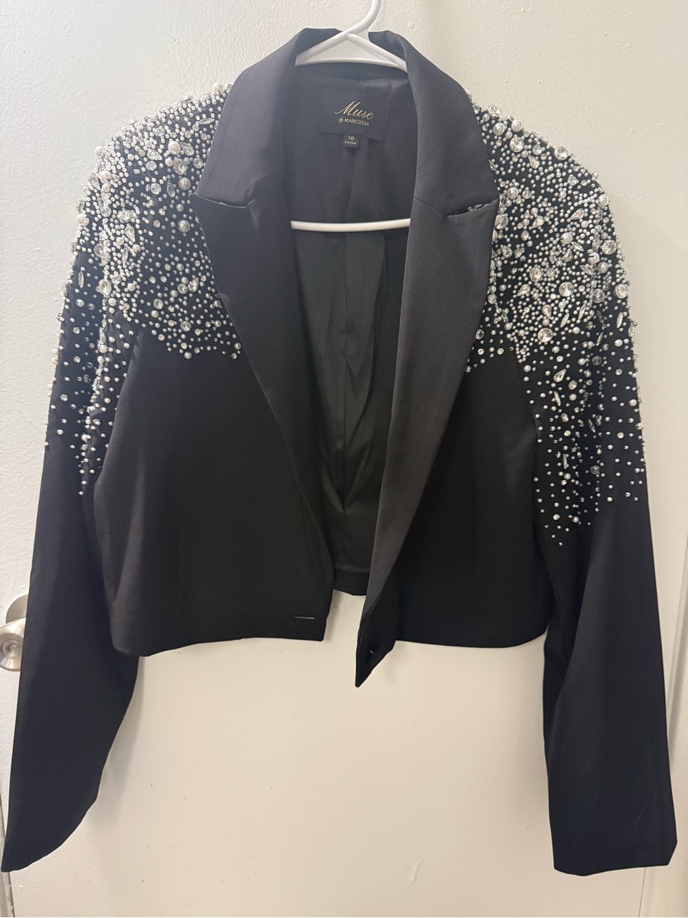 Muse Black Blazer with Pearl & Bead Shoulder Embellishment